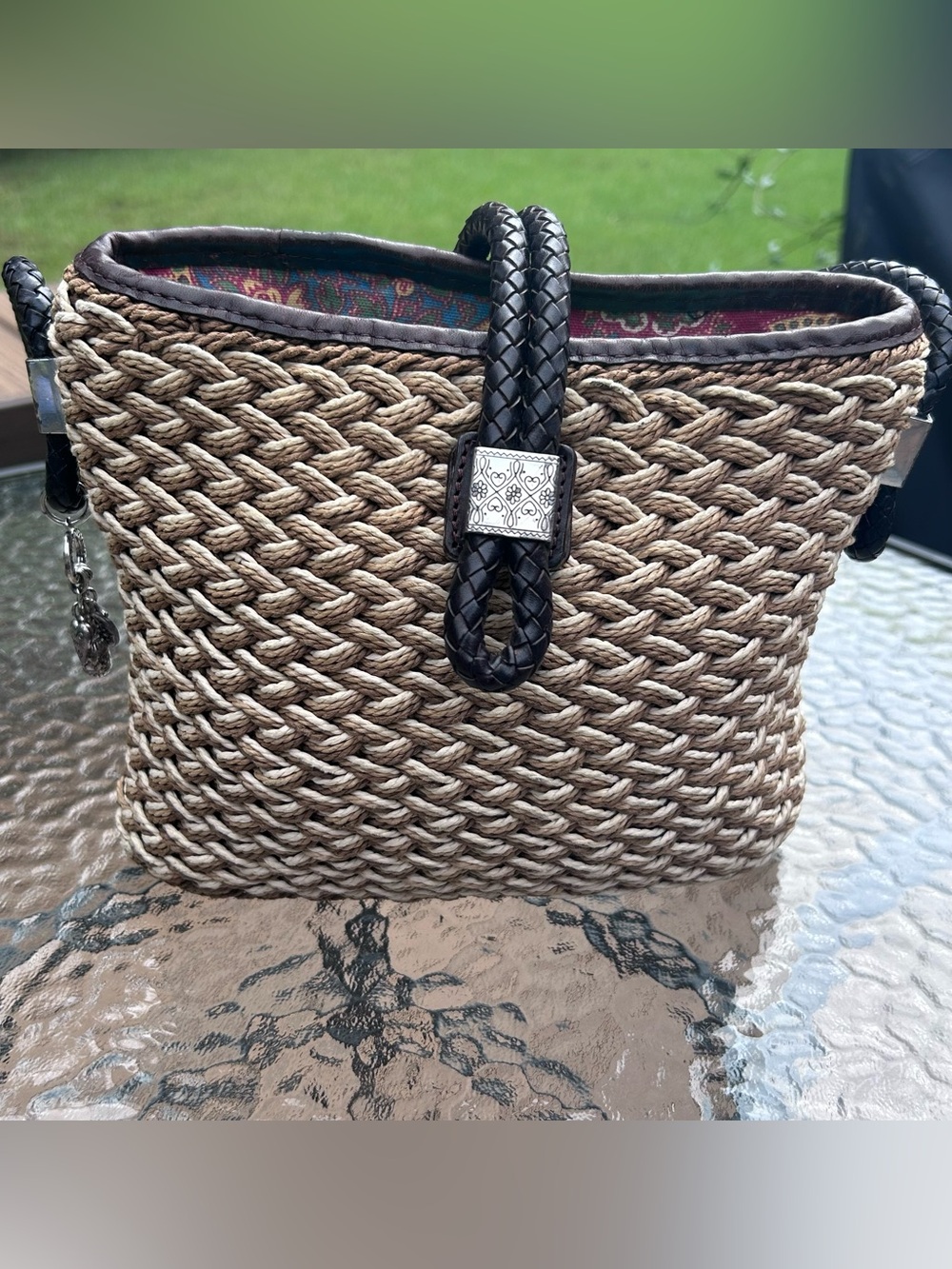Brighton Vintage Crossbody Jute Straw Bag Braided Leather Handle Cream Brown